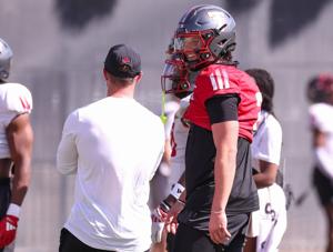 Texas Tech's Brendan Sorsby looks on during spring football practice, Thursday, March 26, 2026, at the Womble Football Center.
