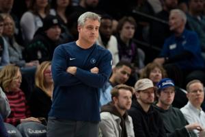 Jan 11, 2026; Minneapolis, Minnesota, USA; Minnesota Timberwolves acting head coach Micah Nori looks on against the San Antonio Spurs in the first half at Target Center. Mandatory Credit: Jesse Johnson-Imagn Images