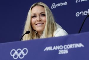 Lindsey Vonn attends a press conference at a press conference at the Cortina Curling Olympic Stadium in preparation for the Milano Cortina 2026 Olympic Winter Games.