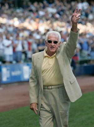 Brewers radio announcer Bob Uecker was honored before the game against the Atlanta Braves for 50 years in baseball in an Aug. 27, 2005 ceremony.