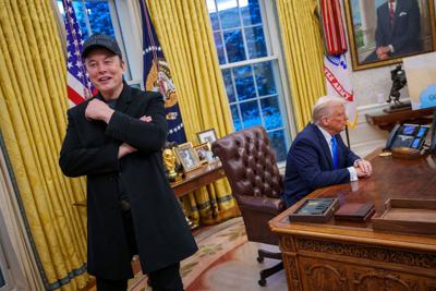 Tesla and SpaceX CEO Elon Musk and U.S. President Donald Trump appear during an executive order signing in the Oval Office at the White House on Feb. 11, 2025, in Washington, DC.