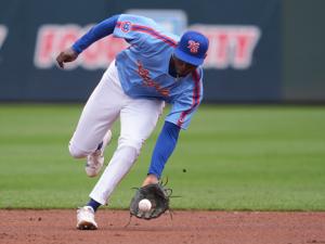 Smokies infielder Ed Howard (( feilds the ball during the Minor League Baseball game against the Birmingham Barons on April 5, 2026, in Knoxville, Tennessee.