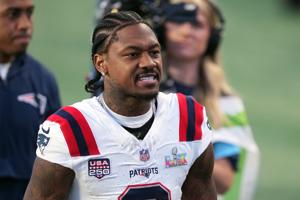 Feb 8, 2026; Santa Clara, CA, USA; New England Patriots wide receiver Stefon Diggs (8) during halftime against the Seattle Seahawks in Super Bowl LX at Levi's Stadium. Mandatory Credit: Darren Yamashita-Imagn Images
