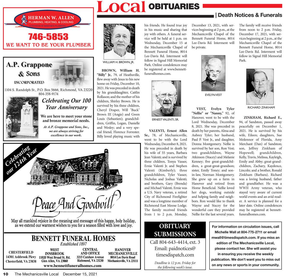 The Local Obituaries Week of 12/15/21