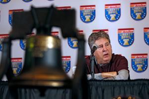 Mississippi State coach Mike Leach talks to the media during a press conference before the AutoZone Liberty Bowl on Monday, Dec. 27, 2021, in Memphis, Tenn.