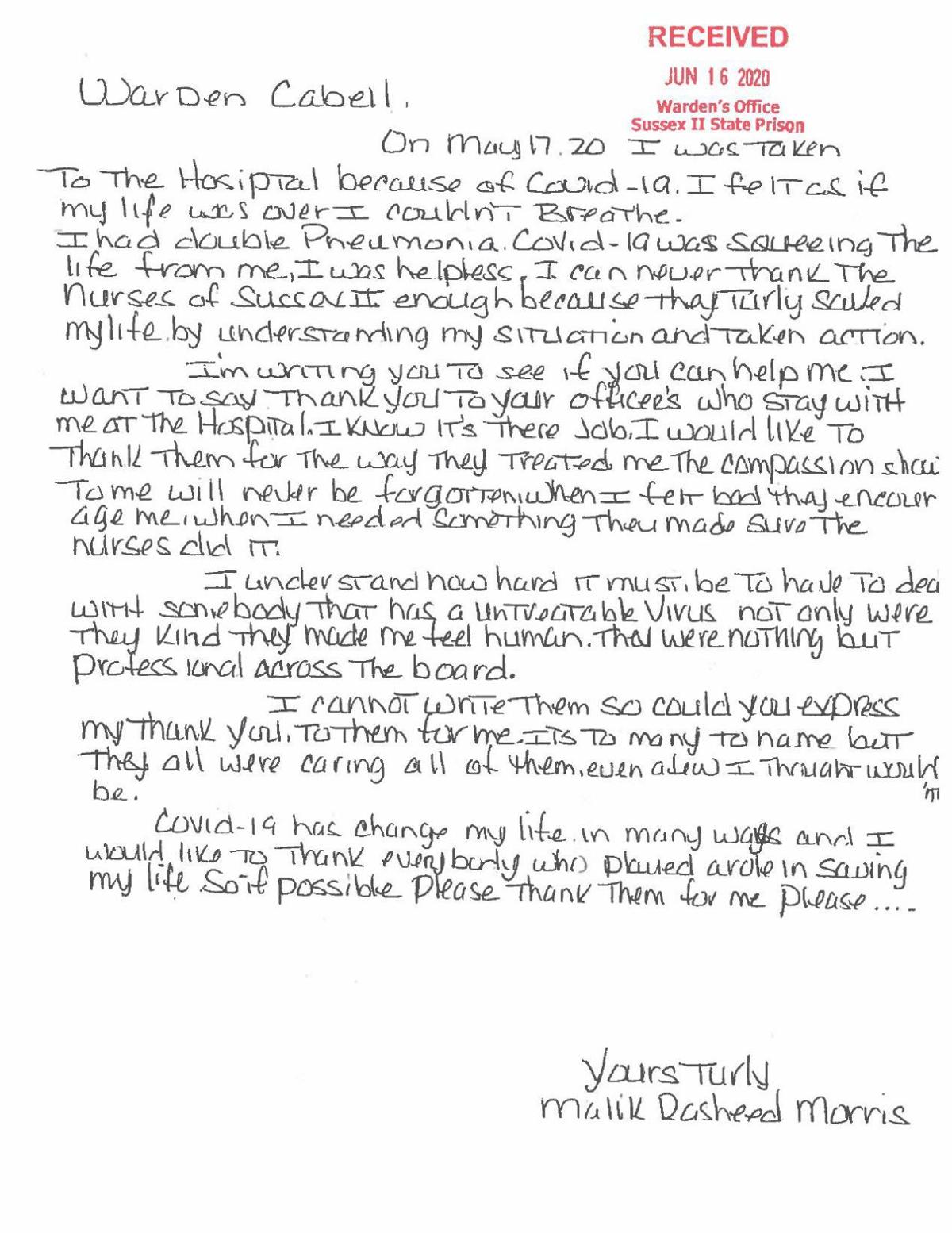 Letter to warden from inmate Malik Morris