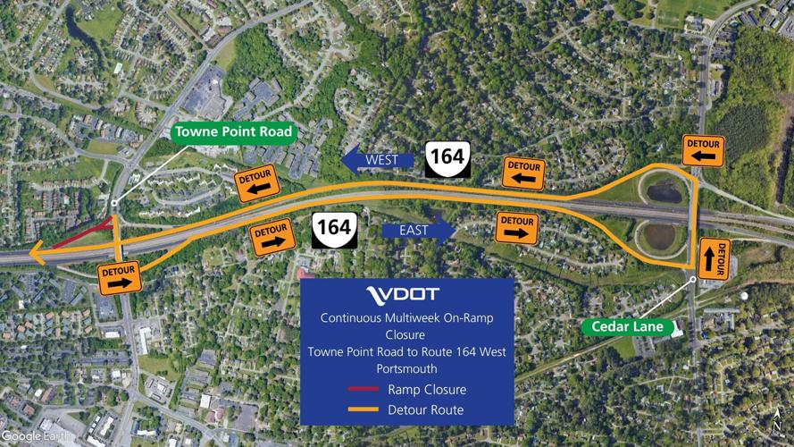 Continuous multiweek on-ramp closure from Towne Point Road to Route 164 west to begin in Portsmouth