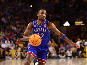 Mar 3, 2026; Tempe, Arizona, USA; Kansas Jayhawks guard Darryn Peterson (22) against the Arizona State Sun Devils at Desert Financial Arena. Mandatory Credit: Mark J. Rebilas-Imagn Images