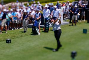 May 1, 2026; Miami, Florida, USA; Cameron Young plays his tee shot on the first hole during the second round of the Cadillac Championship golf tournament. Mandatory Credit: Jeff Romance-Imagn Images