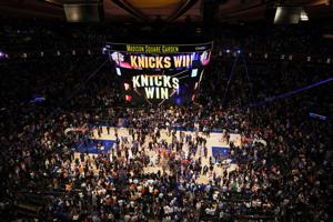Players and fans at Madison Square Garden erupt as the Knicks complete the biggest comeback in NBA Finals history in Game 4 against the San Antonio Spurs on June 10, 2026.