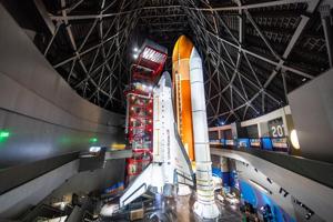 An interior view of the Samuel Oschin Shuttle Gallery at the California Science Center in Exposition Park, featuring soaring contemporary architecture designed by ZGF Architects with a nearly 200- foot-tall gallery built to display NASAs Space Shuttl