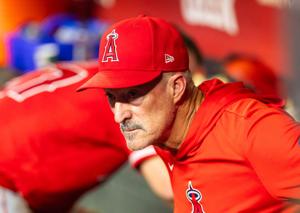 Jun 15, 2026; Phoenix, Arizona, USA; Los Angeles Angels pitching coach Mike Maddux against the Arizona Diamondbacks at Chase Field. Mandatory Credit: Mark J. Rebilas-Imagn Images