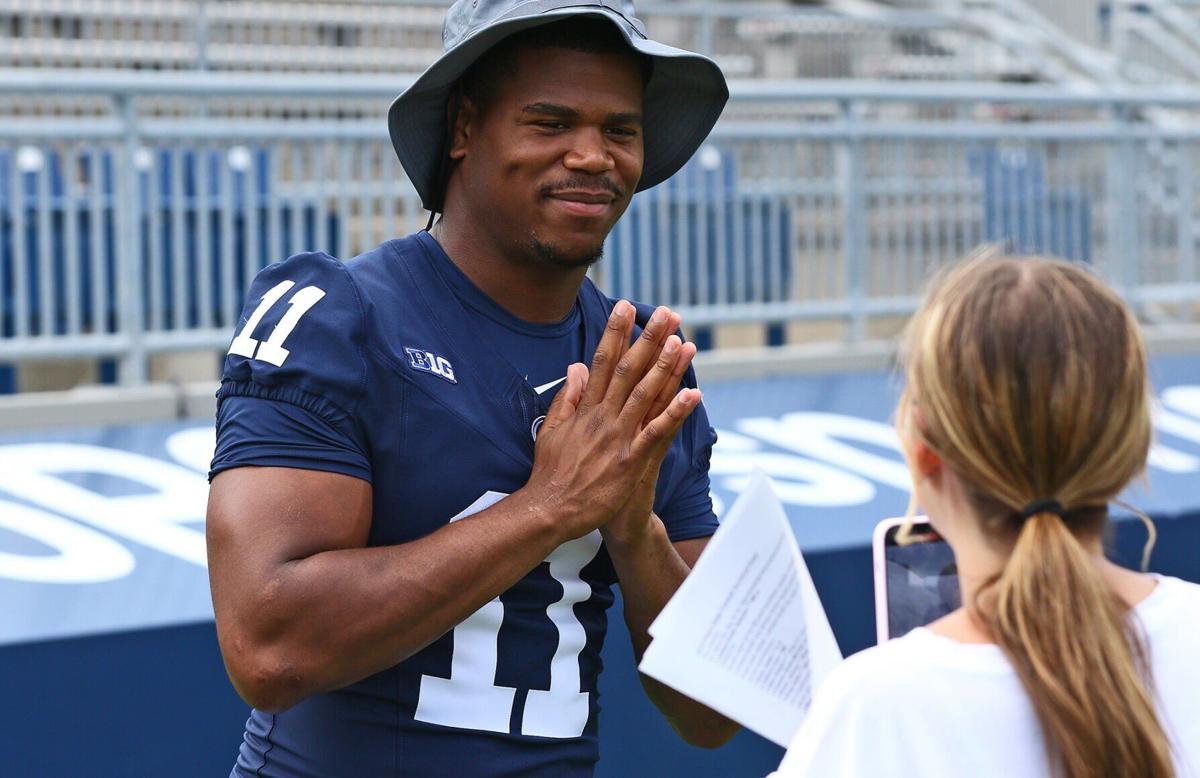 Penn State linebacker Abdul Carter is interviewed at Beaver Stadium on Aug. 6, 2023, in University Park, Pennsylvania.