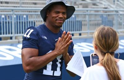 Penn State linebacker Abdul Carter is interviewed at Beaver Stadium on Aug. 6, 2023, in University Park, Pennsylvania.