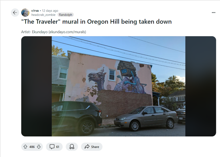 Richmond mural 'The Traveler' taken down after 10 years