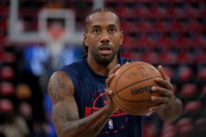 Los Angeles Clippers forward Kawhi Leonard (2) warms up before the game against the Golden State Warriors in the play-in rounds of the 2026 NBA Playoffs at Intuit Dome in Inglewood, California, on April 15, 2026.