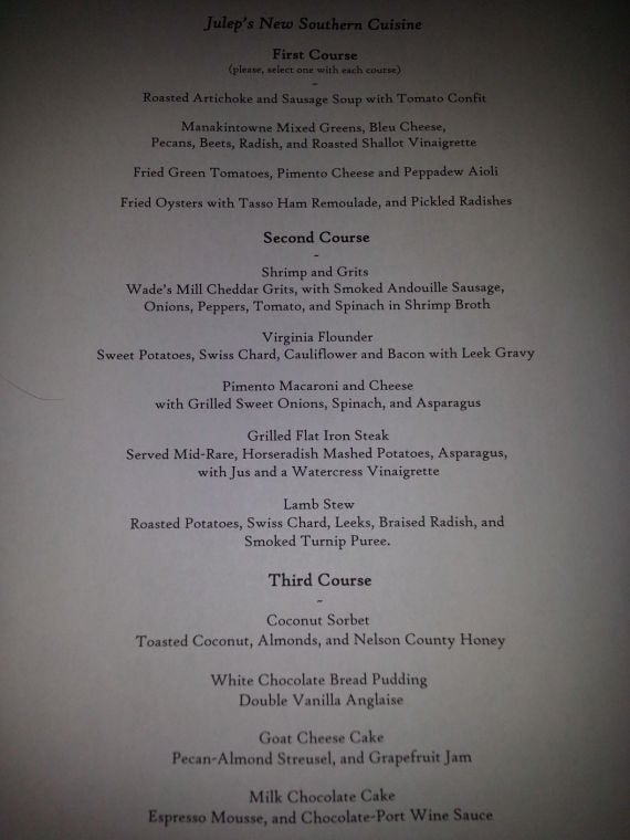 Julep's New Southern Cuisine Spring 2014 Richmond Restaurant Week Menu ...