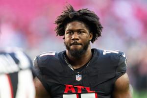 Dec 21, 2025; Glendale, Arizona, USA; Atlanta Falcons linebacker Jalon Walker (11) against the Arizona Cardinals at State Farm Stadium. Mandatory Credit: Mark J. Rebilas-Imagn Images