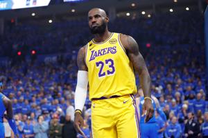 May 5, 2026; Oklahoma City, Oklahoma, USA; Los Angeles Lakers forward LeBron James (23) looks towards his bench after a play against the Oklahoma City Thunder in the first half during game one of the second round of the 2026 NBA Playoffs at Paycom Ce