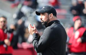 Nov 1, 2025; Columbus, Ohio, USA; Ohio State Buckeyes head coach Ryan Day coaches his team before the game against the Penn State Nittany Lions at Ohio Stadium. Mandatory Credit: Joseph Maiorana-Imagn Images