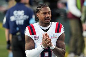 Feb 8, 2026; Santa Clara, CA, USA; New England Patriots wide receiver Stefon Diggs (8) during halftime against the Seattle Seahawks in Super Bowl LX at Levi's Stadium. Mandatory Credit: Darren Yamashita-Imagn Images