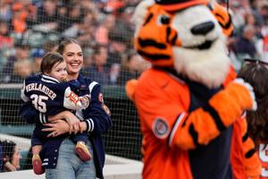 Kate Upton and Bellamy Brooks Verlander wait for the beginning of Justin Verlander career celebration ahead of the game between