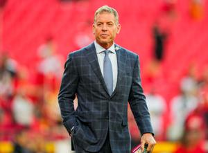 Oct 7, 2024; Kansas City, Missouri, USA; NFL hall of fame Troy Aikman prior to a game between the New Orleans Saints and the Kansas City Chiefs at GEHA Field at Arrowhead Stadium. Mandatory Credit: Jay Biggerstaff-Imagn Images