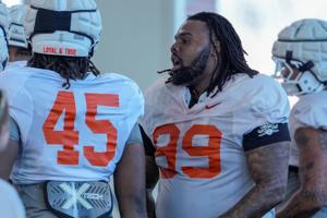Iman Oates (99) runs drills during Oklahoma State football practice in Stillwater, Okla., on Tuesday, March 24, 2026.