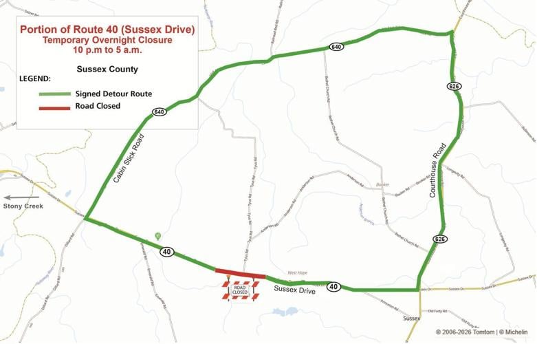Portion of Route 40 (Sussex Drive) to close overnight for maintenance work in Sussex County