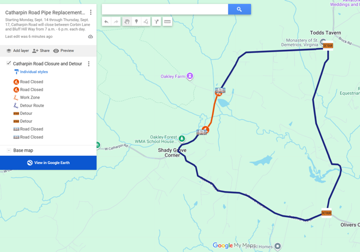 Catharpin Road in Spotsylvania closing next week to repair three drainage pipes