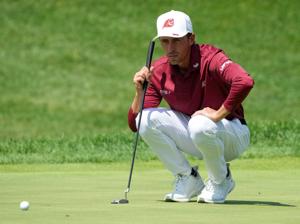 David Puig eyes his putt on the 10th green during the first day of LIV Golf Indianapolis on Thursday, Aug. 20, 2026, at The Club at Chatham Hills in Westfield.