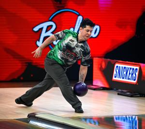 Jakob Butturff bowls in his match against AJ Johnson during the Cheetah Championship finals in the Guaranteed Rate PBA World Series of Bowling XIV on Monday, April 17, 2023, at Bowlero Wauwatosa in Wauwatosa, Wisconsin.