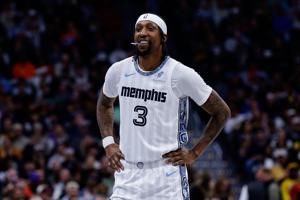 Feb 11, 2026; Denver, Colorado, USA; Memphis Grizzlies guard Kentavious Caldwell-Pope (3) in the second quarter against the Denver Nuggets at Ball Arena. Mandatory Credit: Isaiah J. Downing-Imagn Images