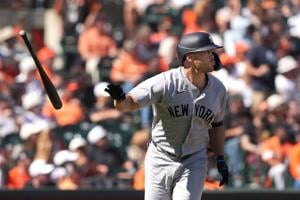Mar 27, 2026; San Francisco, California, USA; New York Yankees designated hitter Giancarlo Stanton (27) tosses his bat after hitting a home run against the San Francisco Giants during the sixth inning at Oracle Park. Mandatory Credit: Darren Yamashit
