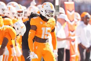 Tennessee defensive back Edrees Farooq (15) celebrates on the field during a college football game between Tennessee and Mississippi State at Davis Wade Stadium in Starkville, Mississippi on Sept. 27, 2025.