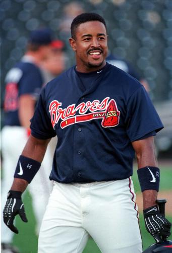 Brian Jordan of the Atlanta Braves during a game against the Los
