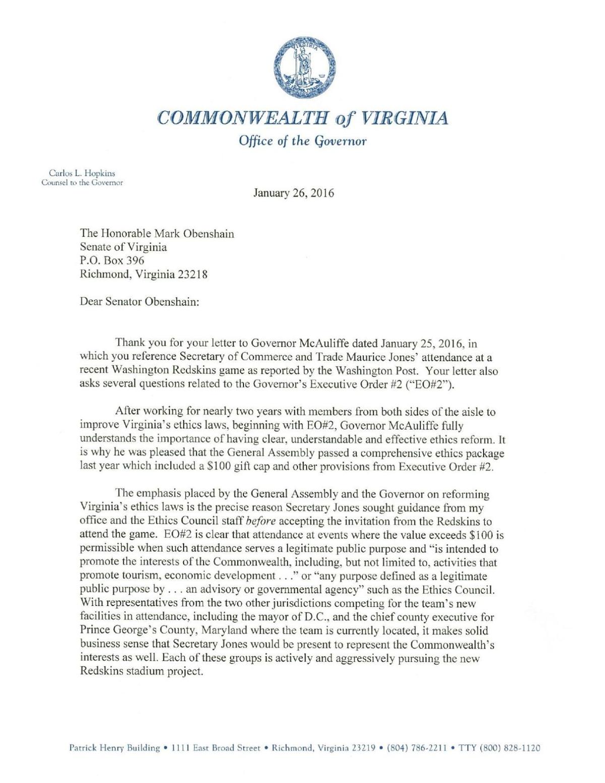 Mcauliffe Office S Response To Sen Mark Obenshain Richmond Com