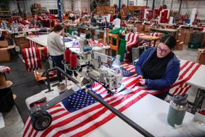 Apr 9, 2026; South Boston, VA, USA; Annin Flagmakers in South Boston, Va. have produced American flags for most major moments in history since the Civil War, including President Lincoln's inauguration and casket, the opening of the Brooklyn Bridge, t