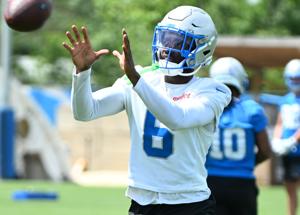 Cornerback Terrion Arnold pulls in a reception during a Detroit Lions OTA session at the training facility in Allen Park on June 4, 2026.