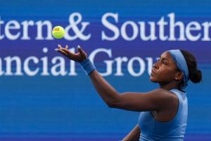Coco Gauff serves against Liudmila Samsonova during the Cincinnati Open at Lindner Family Tennis Center.