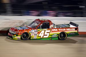 NASCAR Truck Series driver Ross Chastain (45) races during the Allegiance 200 at Nashville Superspeedway in Lebanon, Tenn.,