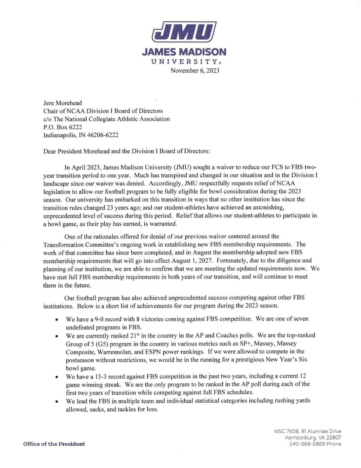 JMU letter to NCAA