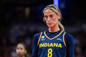 Jun 27, 2026; Indianapolis, Indiana, USA; Indiana Fever guard Sophie Cunningham (8) in the second half against the Los Angeles Sparks at Gainbridge Fieldhouse. Mandatory Credit: Trevor Ruszkowski-Imagn Images