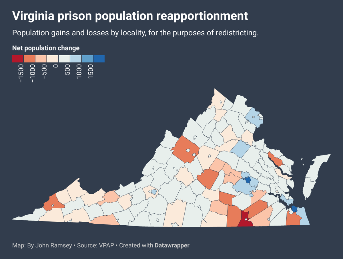 Map of prison population reapportionment in Virginia