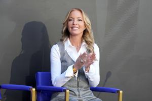 Lakers governor Jeanie Buss watches at the unveiling of a statue for former Lakers coach Pat Riley at the Crypto.com Arena in Los Angeles on Feb. 22, 2026.