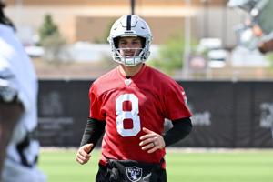 Las Vegas Raiders quarterback Kirk Cousins (8) warms up during organized team activities at Intermountain Health Performance Center in Henderson, Nevada on June 3, 2026.