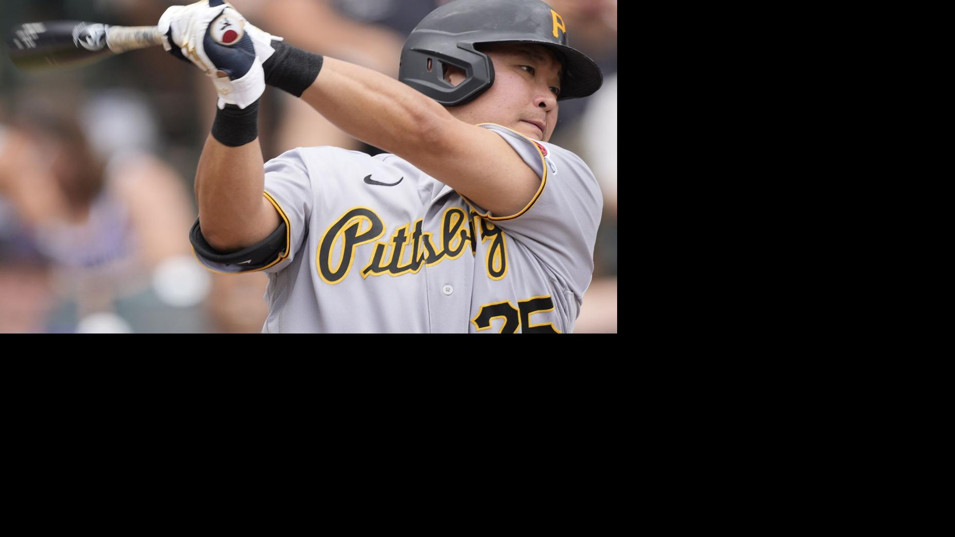 Pittsburgh Pirates first baseman Yoshi Tsutsugo, of Japan, bats