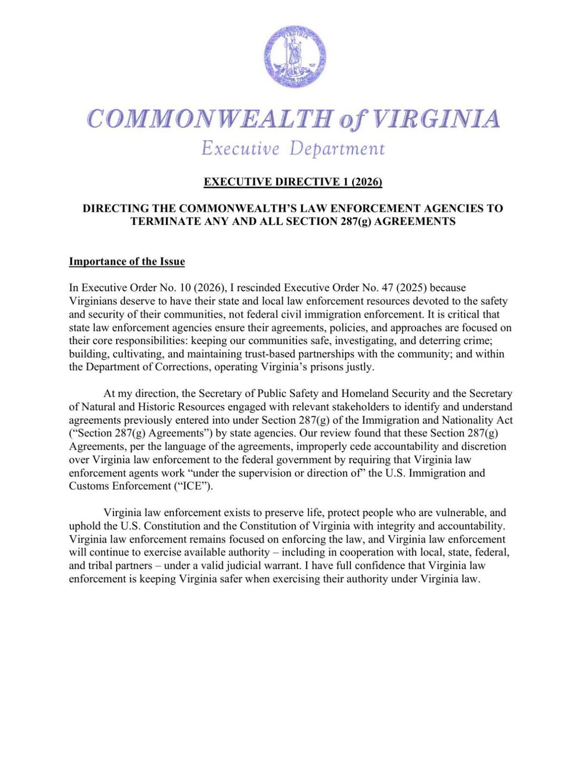 Read Spanberger's directive to state law enforcement to terminate 287(g ...