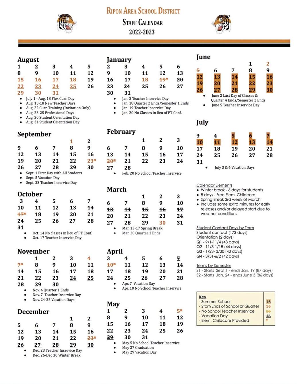 202223 Ripon Area School District calendar replaces early releases