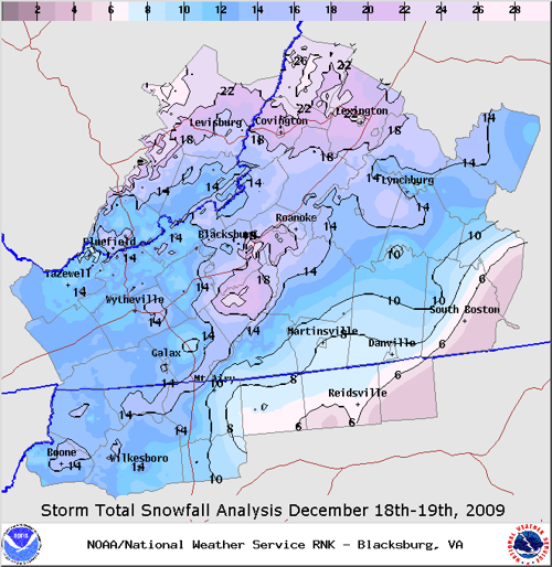 National Weather Service-Blacksburg snowfall map, Dec. 18-19 ...
